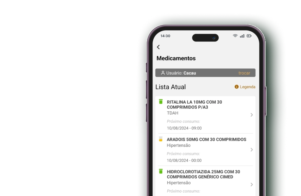 Tela do App Goldies em "Medicamentos", apresentando lista de "Medicamentos Registrados"